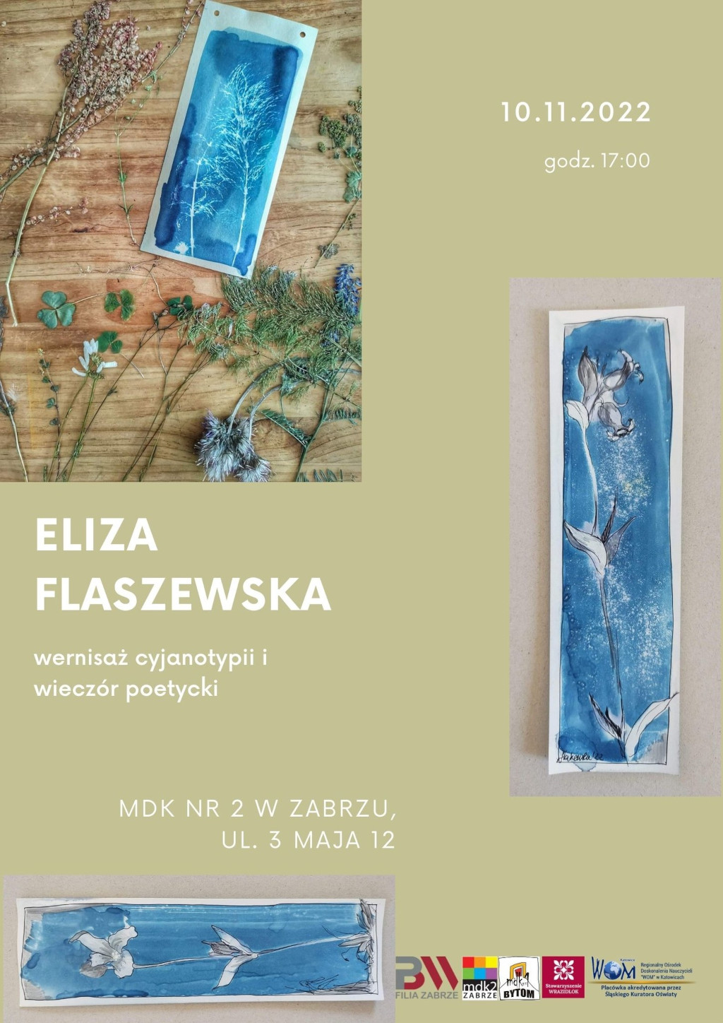 plakat promujący wernisaż i wieczór poetycki Elizy Flaszewskiej w Zabrzu