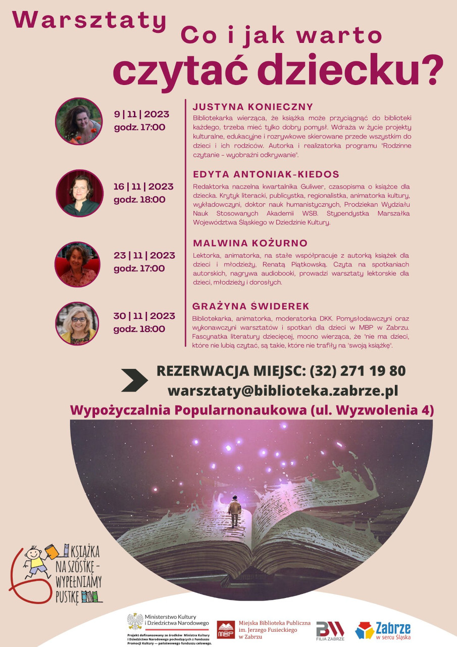 Plakat warsztatów Co i jak czytac dziecku